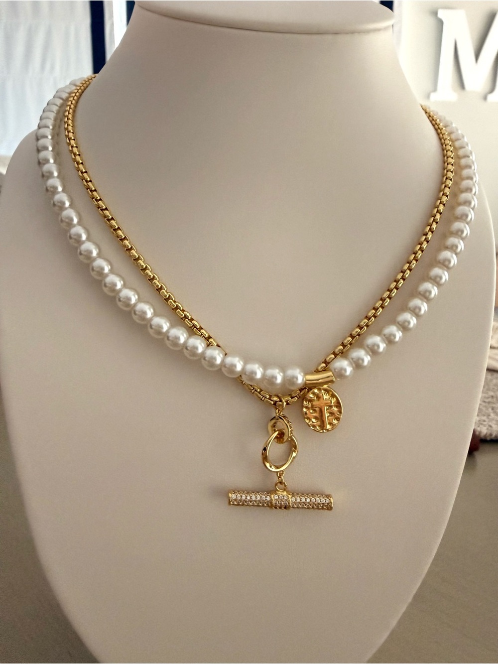 Gold and White Pearl Layered Pendant Necklace - Women Jewelry